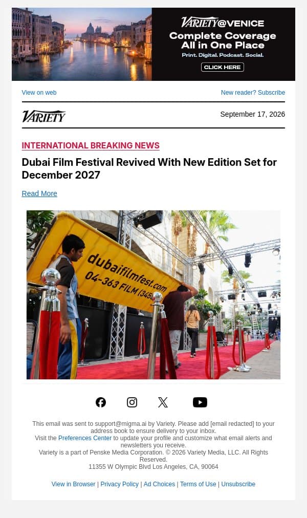 Dubai Film Festival Revived With New Edition Set for December 2027 email from Variety screenshot