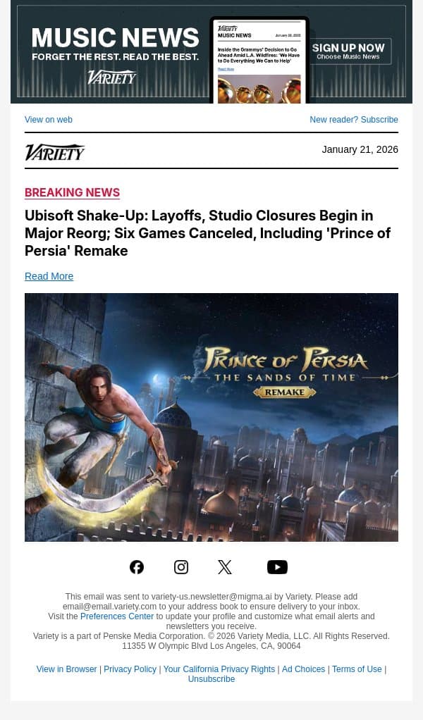 Ubisoft Shake-Up: Layoffs, Studio Closures Begin in Major Reorg; Six Games Canceled, Including 'Prince of Persia' Remake email from Variety screenshot
