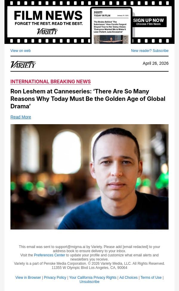 Ron Leshem at Canneseries: ‘There Are So Many Reasons Why Today Must Be the Golden Age of Global Drama’ email from Variety screenshot