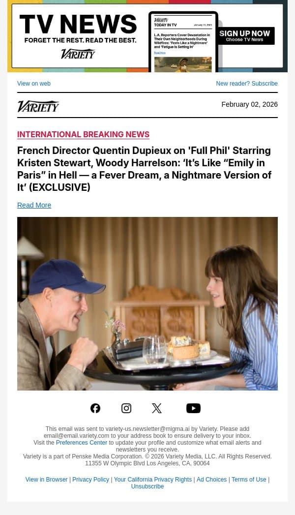 French Director Quentin Dupieux on 'Full Phil' Starring Kristen Stewart, Woody Harrelson: ‘It’s Like “Emily in Paris” in Hell — a Fever Dream, a Nightmare Version of It’ (EXCLUSIVE) email from Variety screenshot