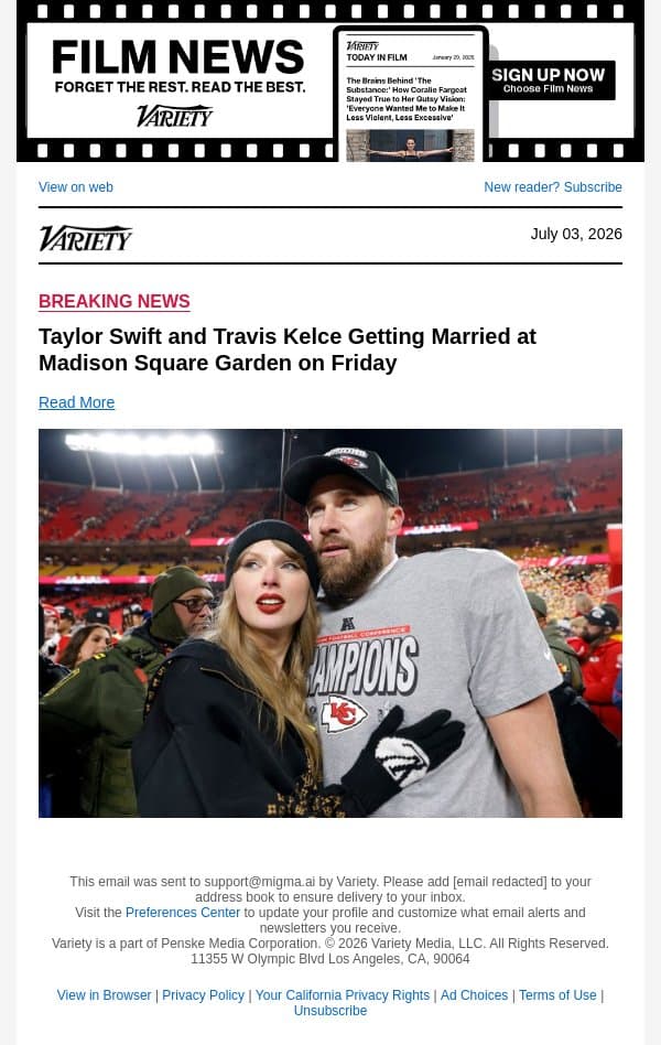 Taylor Swift and Travis Kelce Getting Married at Madison Square Garden on Friday email from Variety screenshot