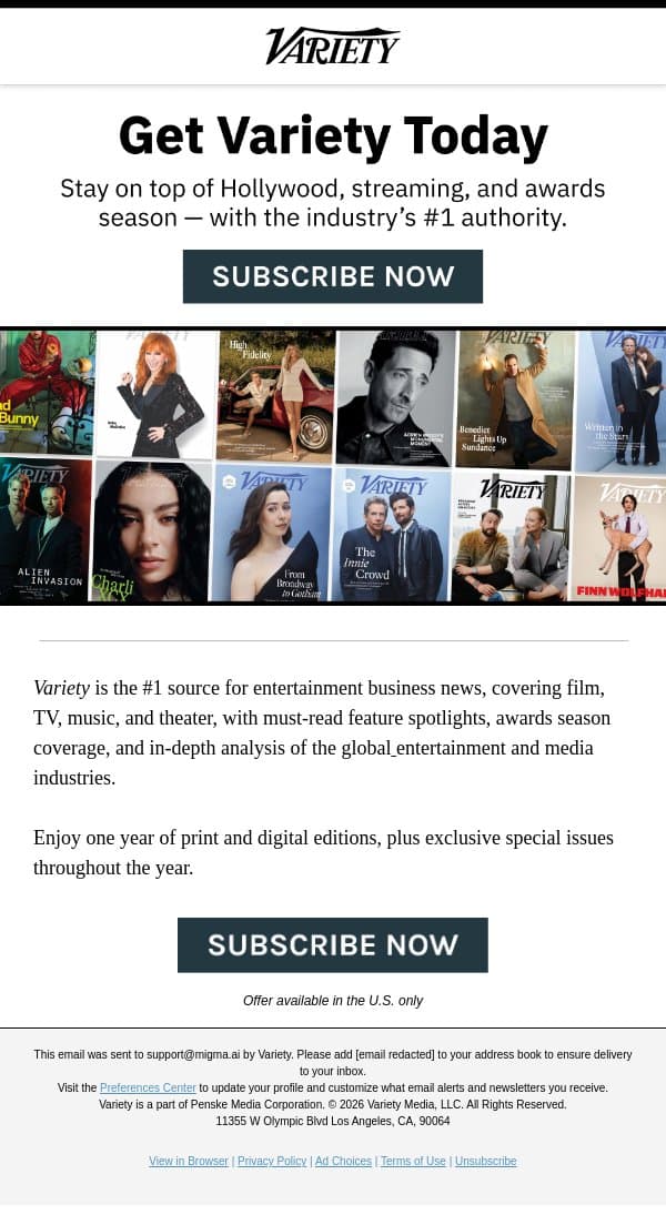 Your Inside Track to Hollywood Starts Here email from Variety screenshot