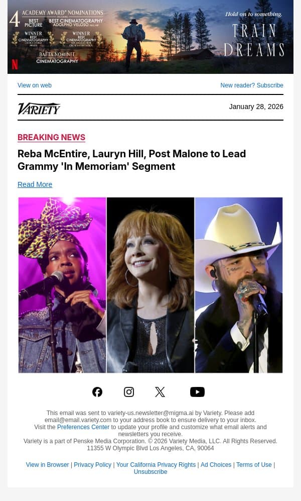 Reba McEntire, Lauryn Hill, Post Malone to Lead Grammy 'In Memoriam' Segment email from Variety screenshot