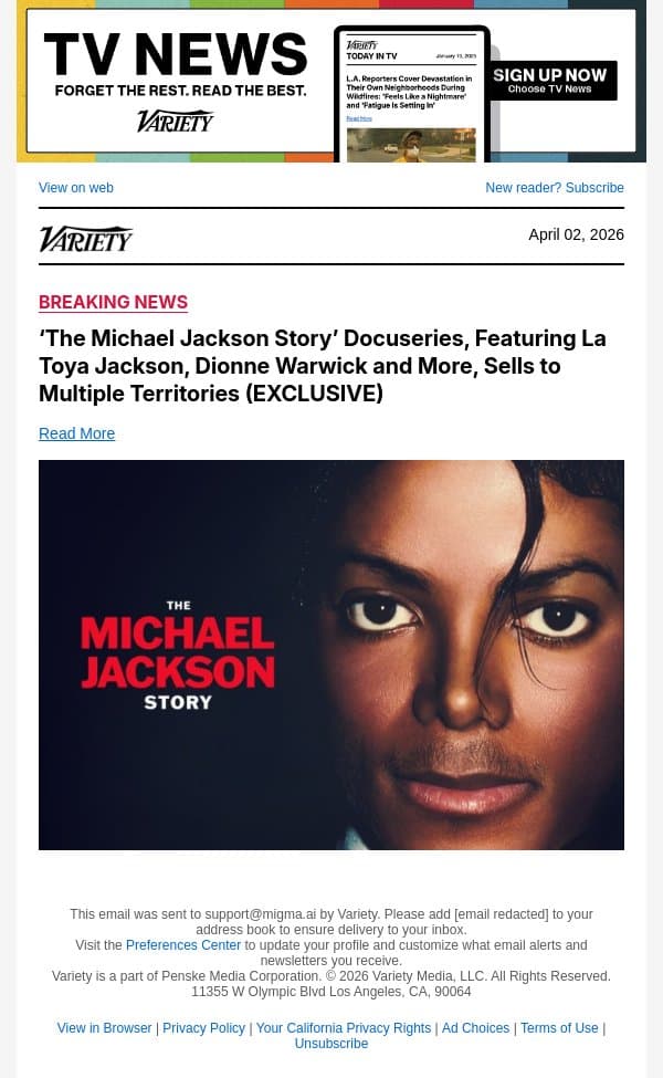 ‘The Michael Jackson Story’ Docuseries, Featuring La Toya Jackson, Dionne Warwick and More, Sells to Multiple Territories (EXCLUSIVE) email from Variety screenshot