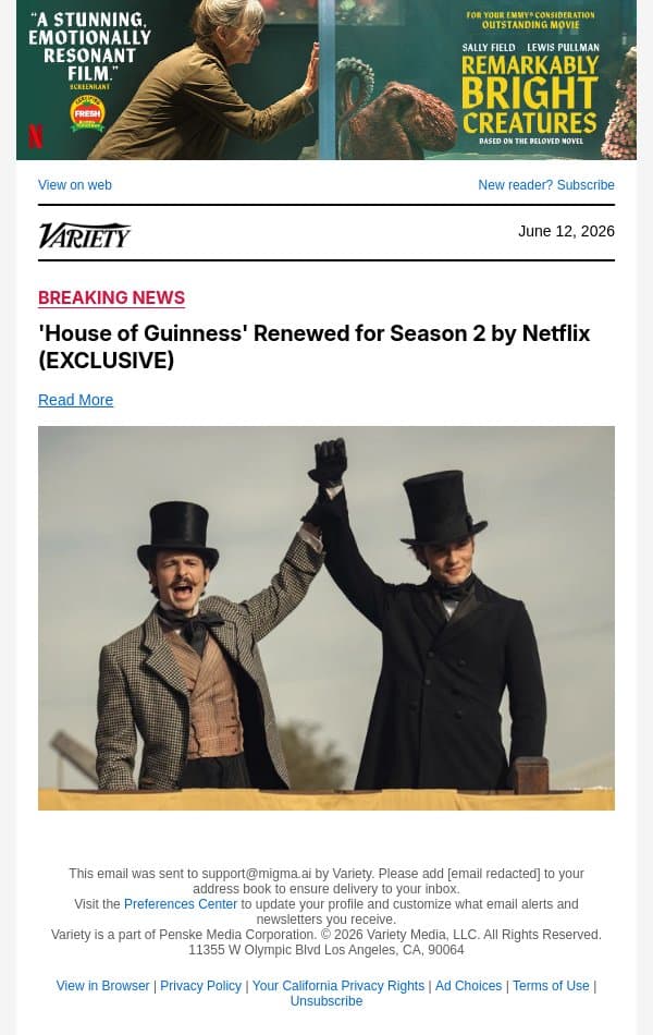 'House of Guinness' Renewed for Season 2 by Netflix (EXCLUSIVE) email from Variety screenshot