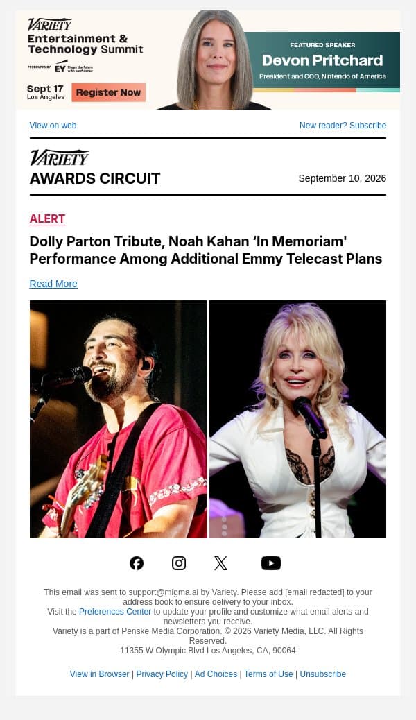 Dolly Parton Tribute, Noah Kahan ‘In Memoriam' Performance Among Additional Emmy Telecast Plans email from Variety screenshot