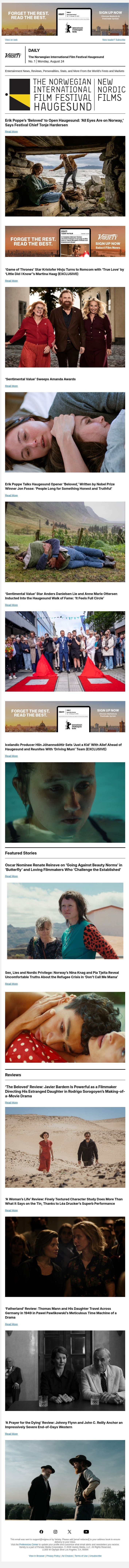 Fest Captures Norway’s ‘Unique Moment’; Next for 'Game of Thrones’ Star Kristofer Hivju; ‘Sentimental Value’ Sweeps Amandas email from Variety screenshot
