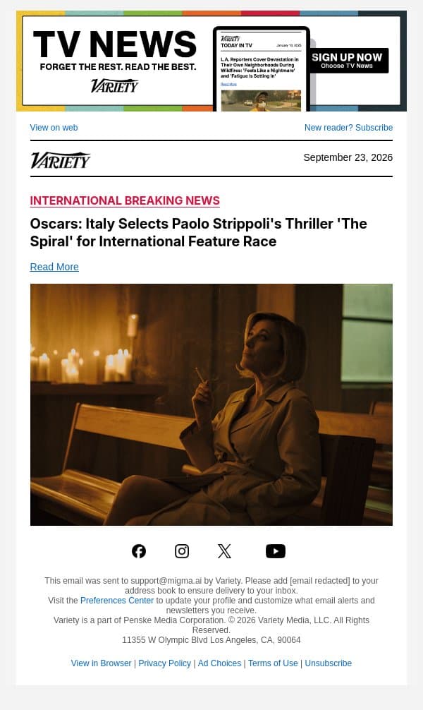 Oscars: Italy Selects Paolo Strippoli's Thriller 'The Spiral' for International Feature Race email from Variety screenshot