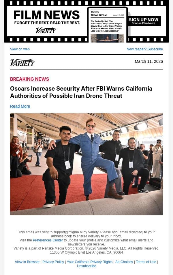 Oscars Increase Security After FBI Warns California Authorities of Possible Iran Drone Threat email from Variety screenshot