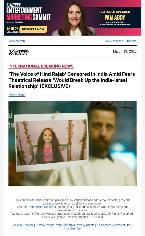 'The Voice of Hind Rajab' Censored in India Amid Fears Theatrical Release 'Would Break Up the India-Israel Relationship' (EXCLUSIVE) email from Variety screenshot