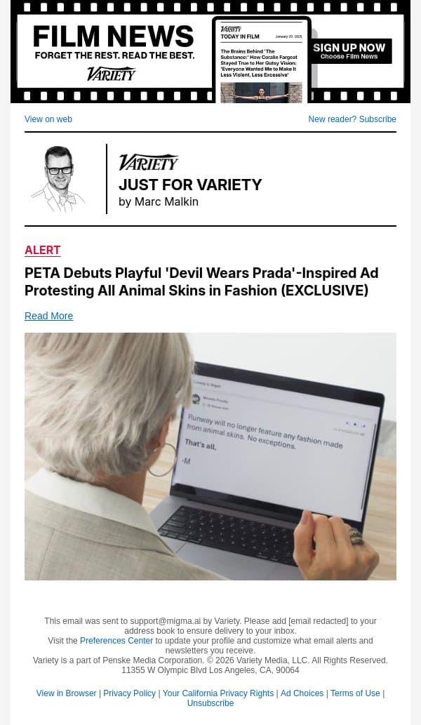 PETA Debuts Playful 'Devil Wears Prada'-Inspired Ad Protesting All Animal Skins in Fashion (EXCLUSIVE) email from Variety screenshot