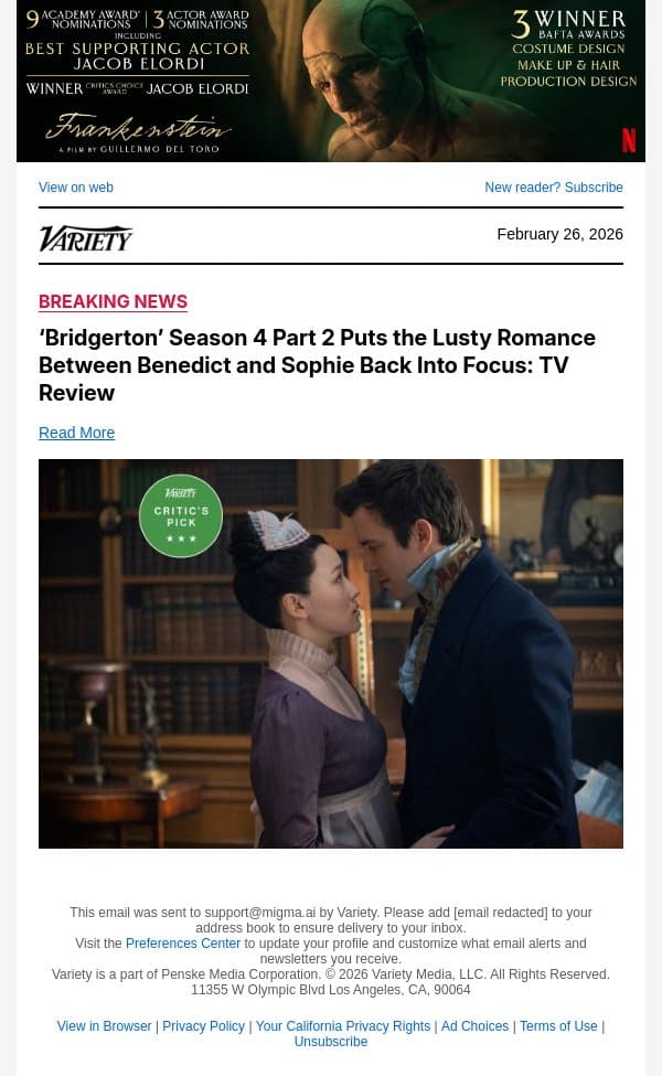 ‘Bridgerton’ Season 4 Part 2 Puts the Lusty Romance Between Benedict and Sophie Back Into Focus: TV Review email from Variety screenshot