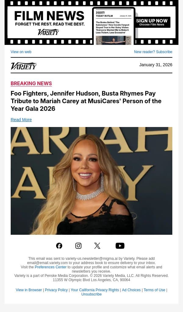 Foo Fighters, Jennifer Hudson, Busta Rhymes Pay Tribute to Mariah Carey at MusiCares' Person of the Year Gala 2026 email from Variety screenshot
