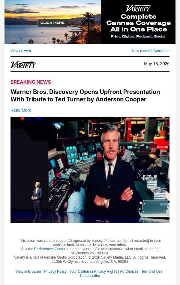 Warner Bros. Discovery Opens Upfront Presentation With Tribute to Ted Turner by Anderson Cooper email from Variety screenshot