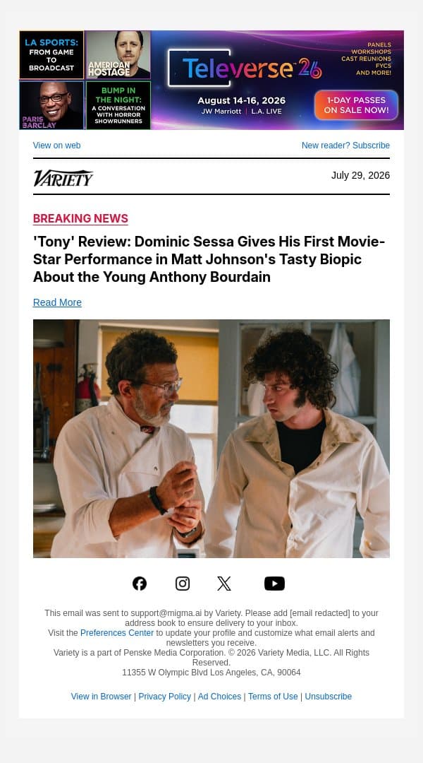 'Tony' Review: Dominic Sessa Gives His First Movie-Star Performance in Matt Johnson's Tasty Biopic About the Young Anthony Bourdain email from Variety screenshot