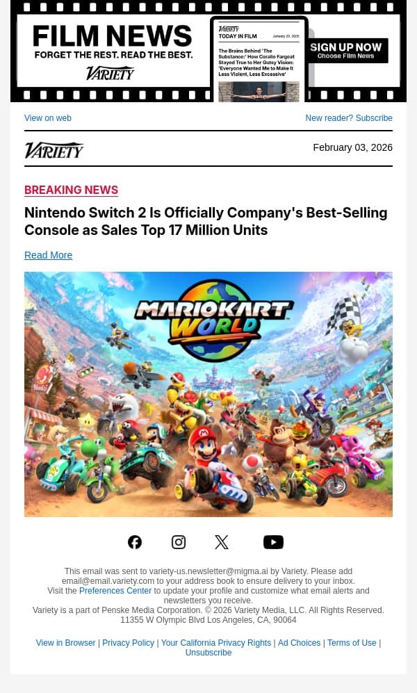 Nintendo Switch 2 Is Officially Company's Best-Selling Console as Sales Top 17 Million Units email from Variety screenshot