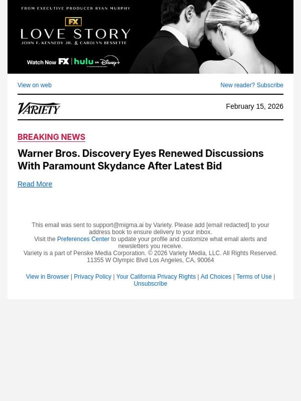 Warner Bros. Discovery Eyes Renewed Discussions With Paramount Skydance After Latest Bid email from Variety screenshot