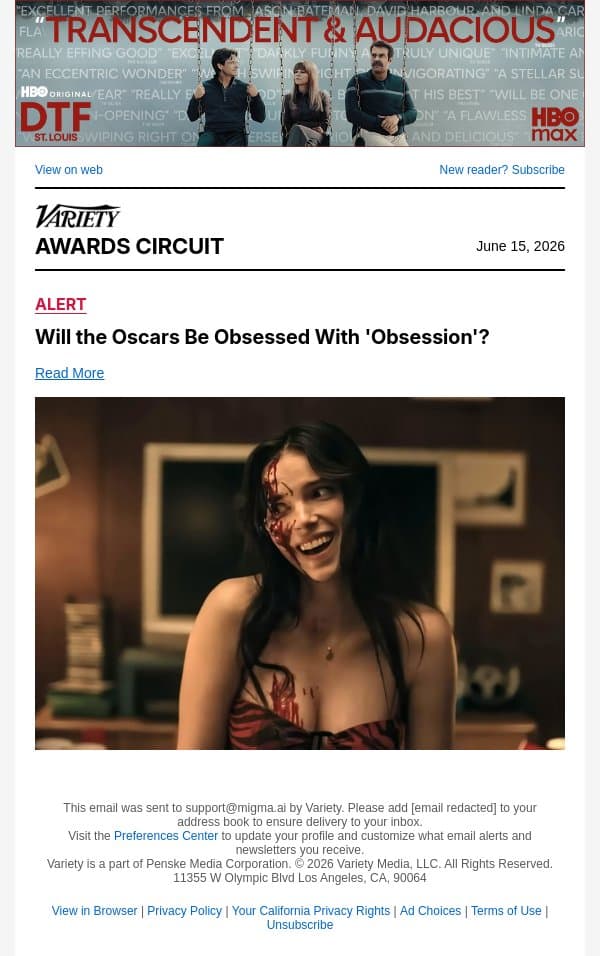 Will the Oscars Be Obsessed With 'Obsession'? email from Variety screenshot