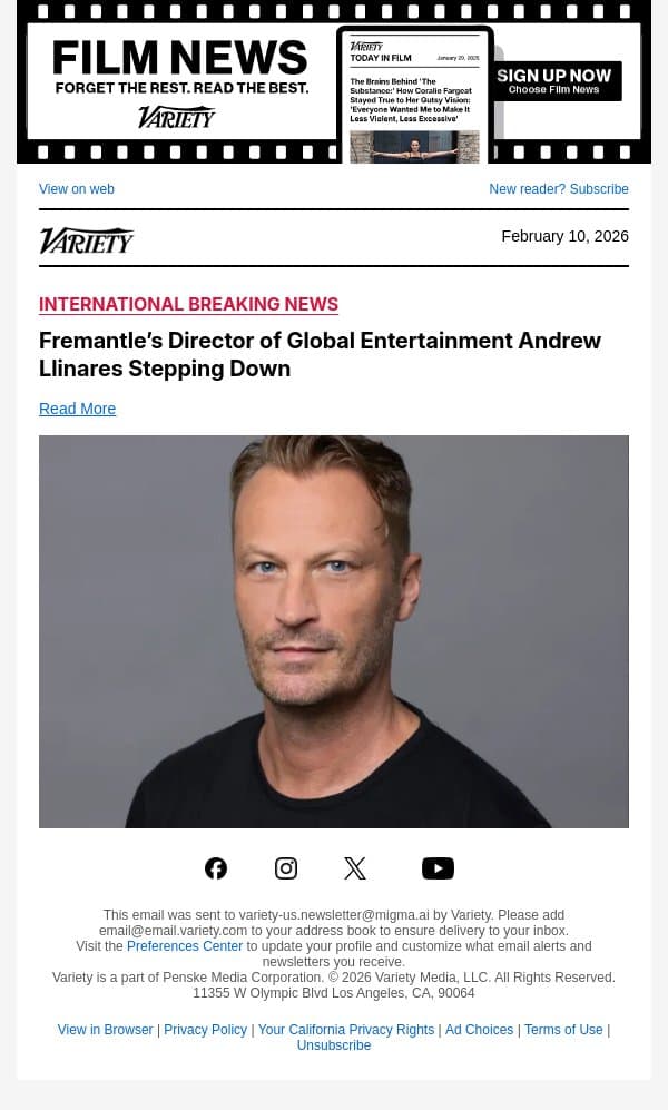 Fremantle’s Director of Global Entertainment Andrew Llinares Stepping Down email from Variety screenshot