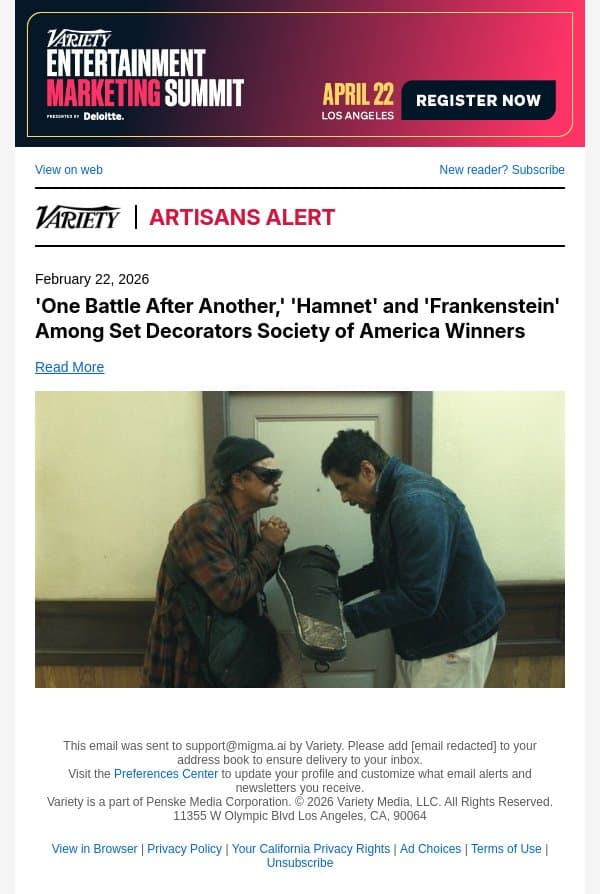 'One Battle After Another,' 'Hamnet' and 'Frankenstein' Among Set Decorators Society of America Winners email from Variety screenshot