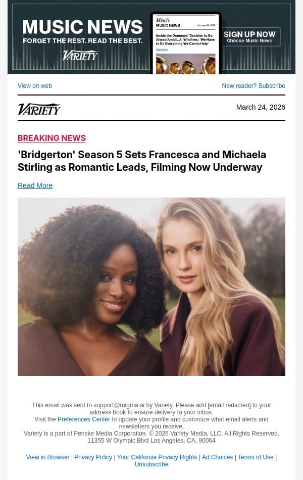 'Bridgerton' Season 5 Sets Francesca and Michaela Stirling as Romantic Leads, Filming Now Underway email from Variety screenshot