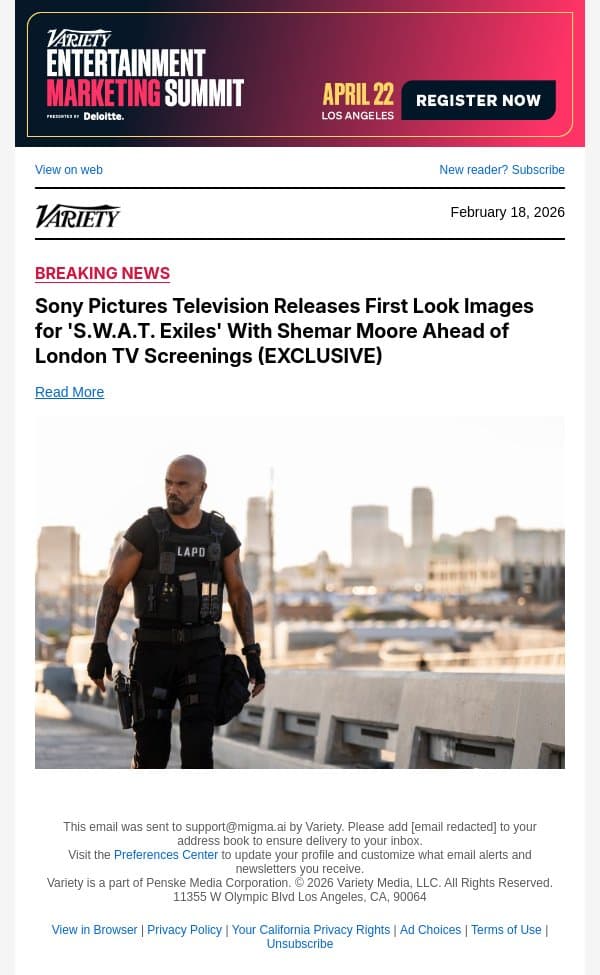 Sony Pictures Television Releases First Look Images for 'S.W.A.T. Exiles' With Shemar Moore Ahead of London TV Screenings (EXCLUSIVE) email from Variety screenshot