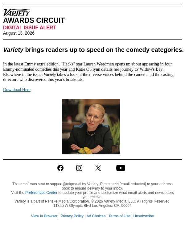 Emmy Extra Edition: Comedy email from Variety screenshot
