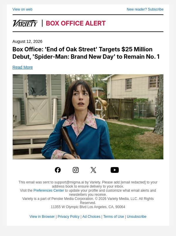 Box Office: 'End of Oak Street' Targets $25 Million Debut, 'Spider-Man: Brand New Day' to Remain No. 1 email from Variety screenshot