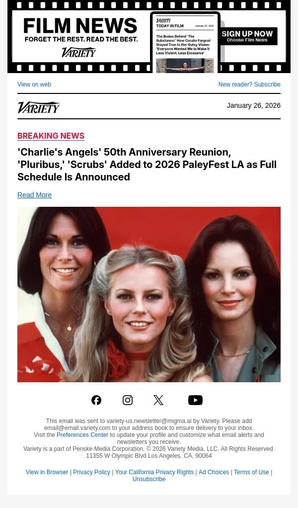 'Charlie's Angels' 50th Anniversary Reunion, 'Pluribus,' 'Scrubs' Added to 2026 PaleyFest LA as Full Schedule Is Announced email from Variety screenshot