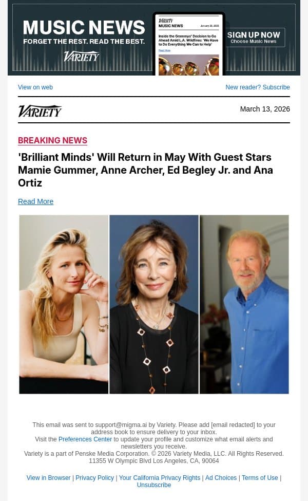 'Brilliant Minds' Will Return in May With Guest Stars Mamie Gummer, Anne Archer, Ed Begley Jr. and Ana Ortiz email from Variety screenshot