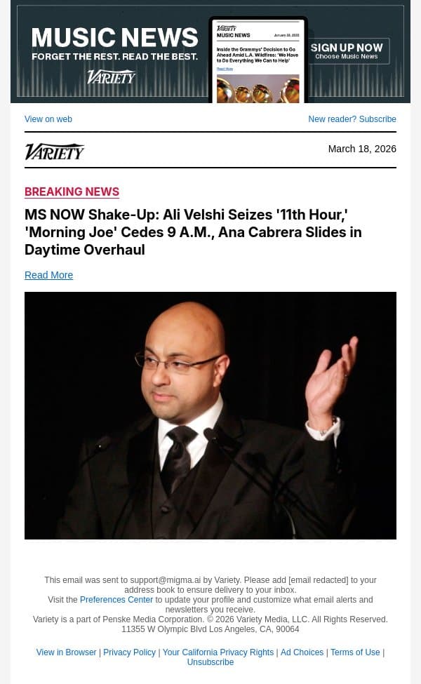 MS NOW Shake-Up: Ali Velshi Seizes '11th Hour,' 'Morning Joe' Cedes 9 A.M., Ana Cabrera Slides in Daytime Overhaul email from Variety screenshot