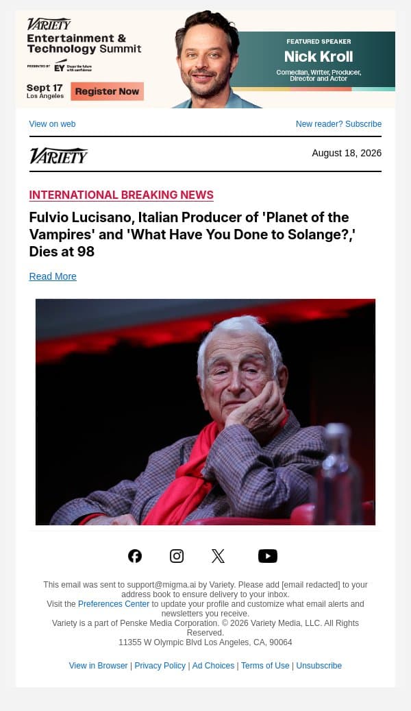 Fulvio Lucisano, Italian Producer of 'Planet of the Vampires' and 'What Have You Done to Solange?,' Dies at 98 email from Variety screenshot