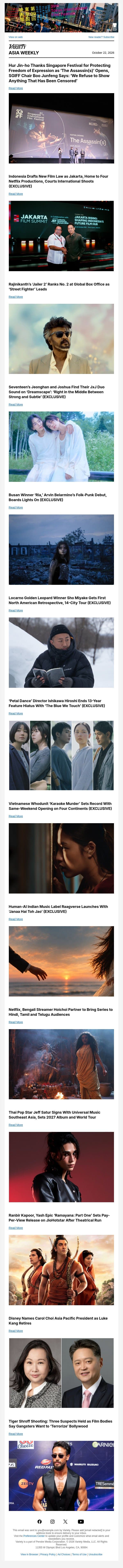 'The Assassin(s) Opens Singapore Fest; Indonesia Drafts New Film Law; Rajinikanth's 'Jailer 2' Rules Box Office email from Variety screenshot