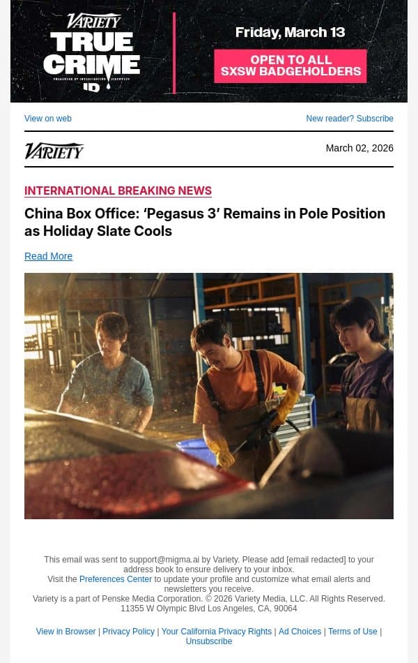 China Box Office: ‘Pegasus 3’ Remains in Pole Position as Holiday Slate Cools email from Variety screenshot