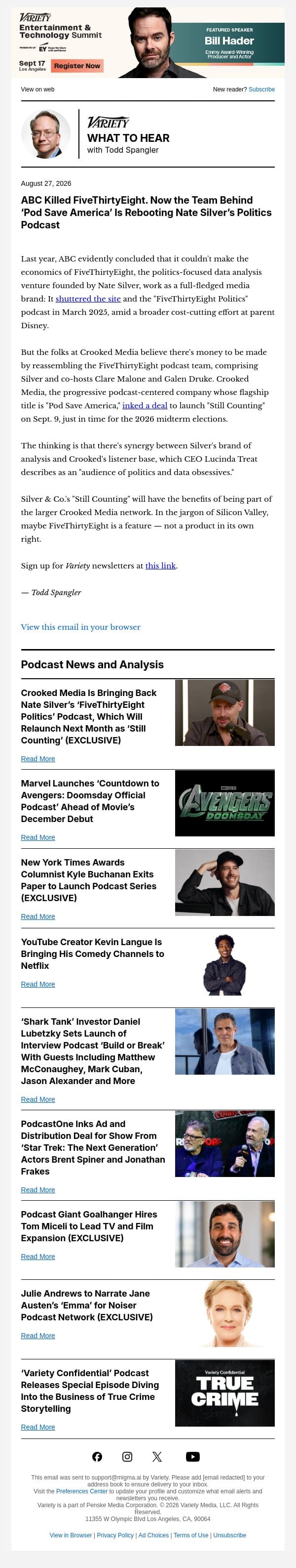 What to Hear Podcast Newsletter: Crooked Media Revives Nate Silver's Politics Podcast; Kyle Buchanan Leaves NYT to Launch His Own Podcast; Marvel Counts Down to 'Avengers: Doomsday'; and More email from Variety screenshot