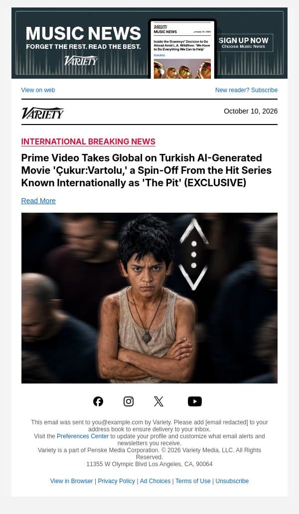 Prime Video Takes Global on Turkish AI-Generated Movie 'Çukur:Vartolu,' a Spin-Off From the Hit Series Known Internationally as 'The Pit' (EXCLUSIVE) email from Variety screenshot