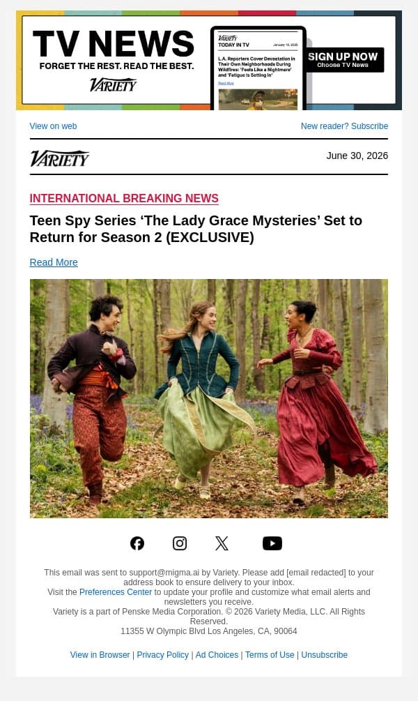Teen Spy Series ‘The Lady Grace Mysteries’ Set to Return for Season 2 (EXCLUSIVE) email from Variety screenshot