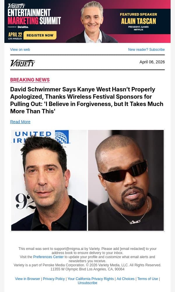 David Schwimmer Says Kanye West Hasn’t Properly Apologized, Thanks Wireless Festival Sponsors for Pulling Out: 'I Believe in Forgiveness, but It Takes Much More Than This' email from Variety screenshot