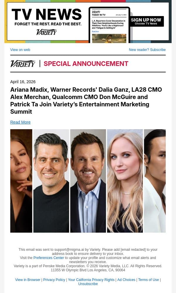 Ariana Madix, Warner Records' Dalia Ganz, LA28 CMO Alex Merchan, Qualcomm CMO Don McGuire and Patrick Ta Join Variety’s Entertainment Marketing Summit email from Variety screenshot