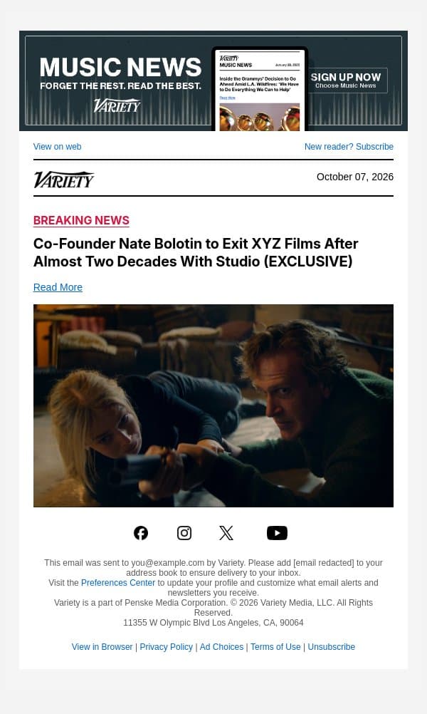 Co-Founder Nate Bolotin to Exit XYZ Films After Almost Two Decades With Studio (EXCLUSIVE) email from Variety screenshot