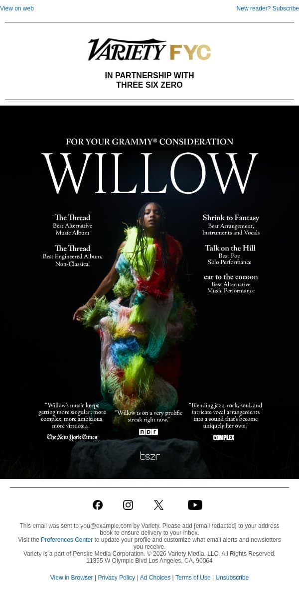 For Your GRAMMY® Consideration: WILLOW email from Variety screenshot