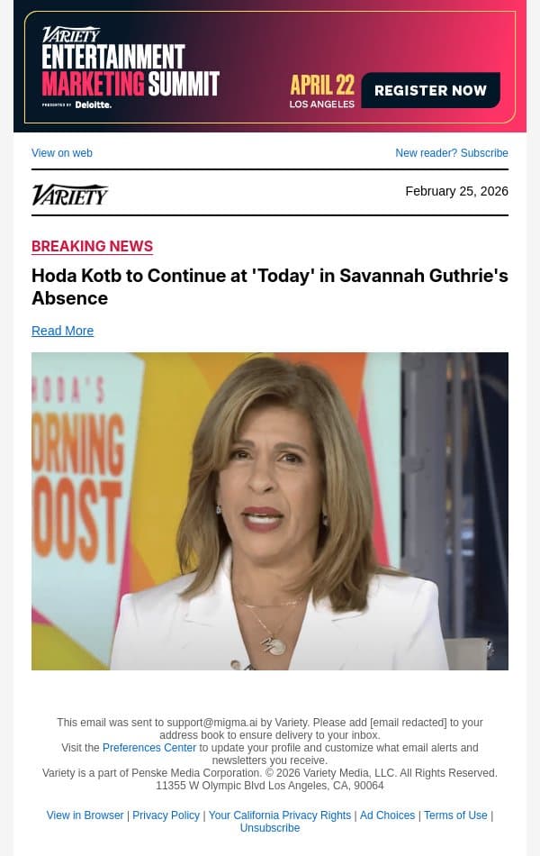 Hoda Kotb to Continue at 'Today' in Savannah Guthrie's Absence email from Variety screenshot