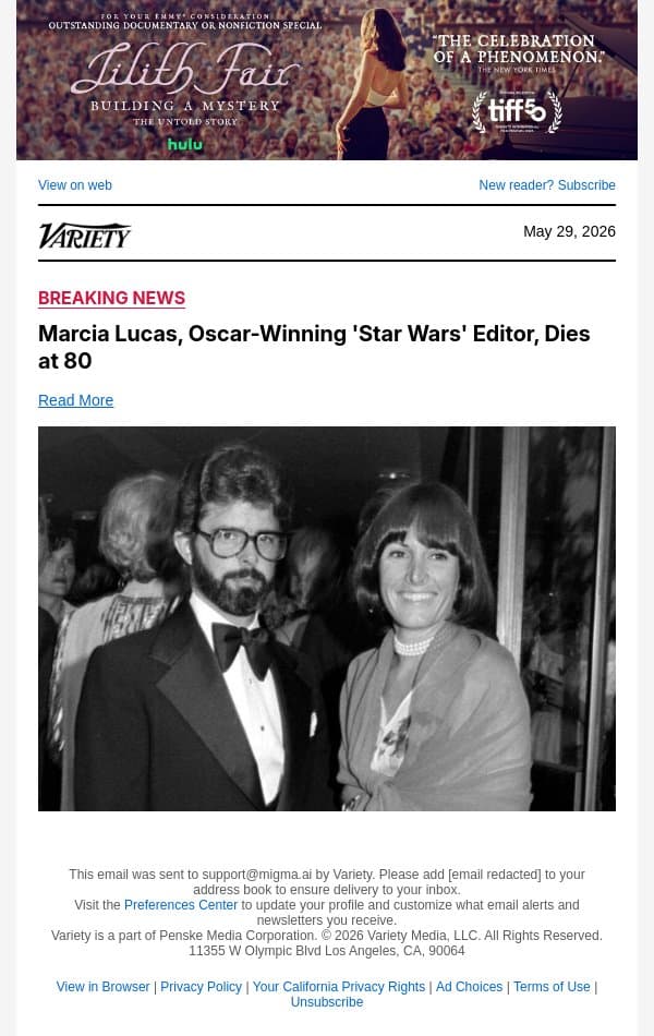 Marcia Lucas, Oscar-Winning 'Star Wars' Editor, Dies at 80 email from Variety screenshot