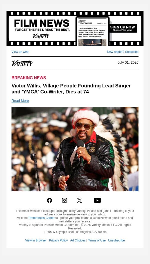 Victor Willis, Village People Founding Lead Singer and 'YMCA' Co-Writer, Dies at 74 email from Variety screenshot