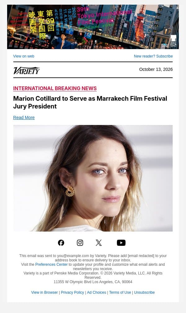 Marion Cotillard to Serve as Marrakech Film Festival Jury President email from Variety screenshot