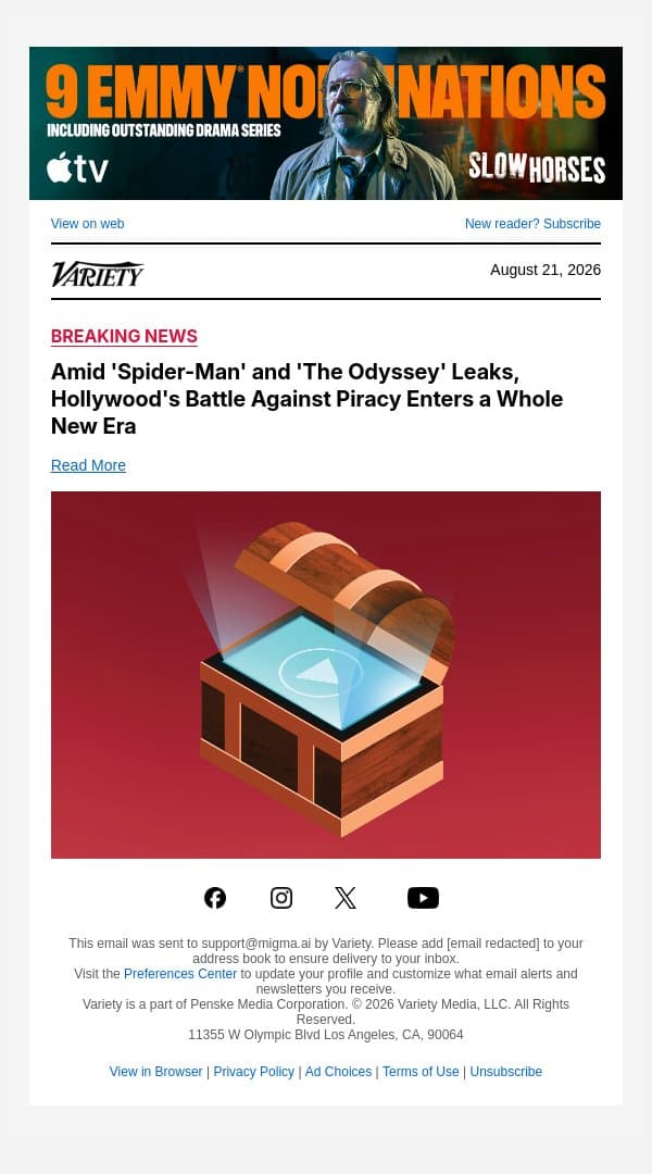 Amid 'Spider-Man' and 'The Odyssey' Leaks, Hollywood's Battle Against Piracy Enters a Whole New Era email from Variety screenshot