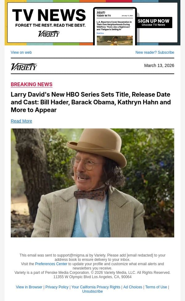 Larry David's New HBO Series Sets Title, Release Date and Cast: Bill Hader, Barack Obama, Kathryn Hahn and More to Appear email from Variety screenshot