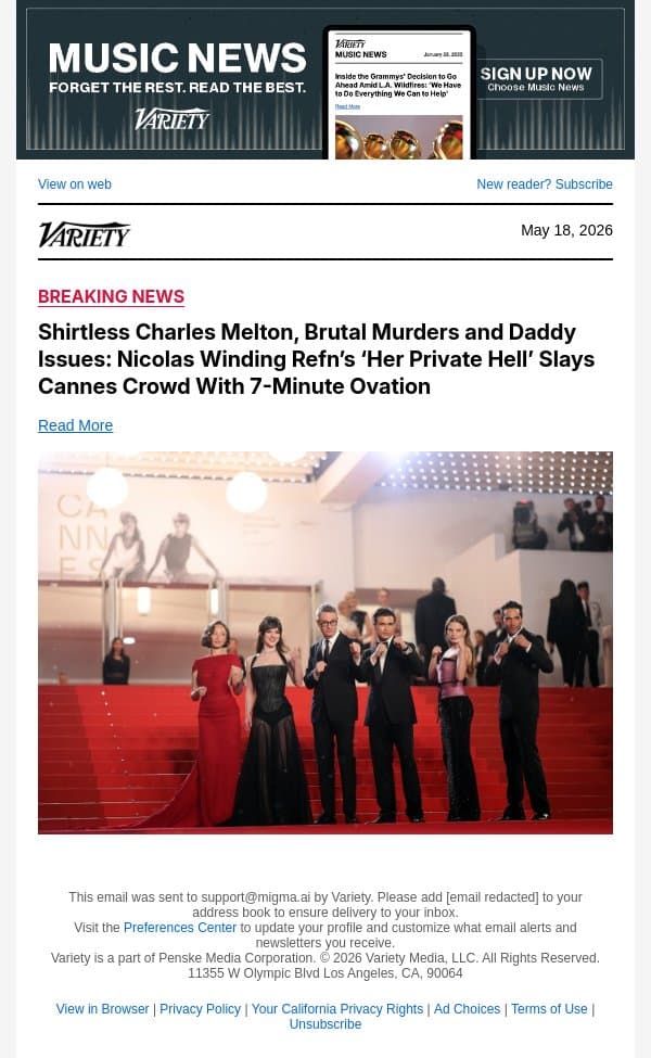 Shirtless Charles Melton, Brutal Murders and Daddy Issues: Nicolas Winding Refn’s ‘Her Private Hell’ Slays Cannes Crowd With 7-Minute Ovation email from Variety screenshot