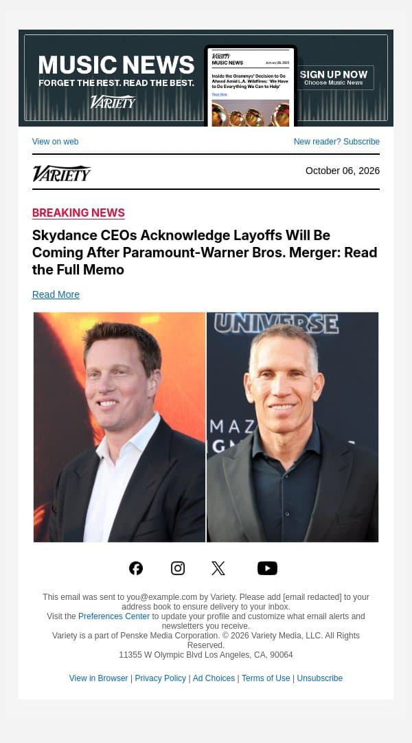 Skydance CEOs Acknowledge Layoffs Will Be Coming After Paramount-Warner Bros. Merger: Read the Full Memo email from Variety screenshot