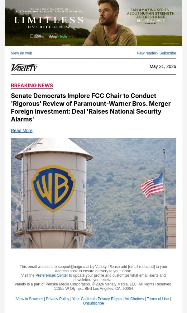 Senate Democrats Implore FCC Chair to Conduct 'Rigorous' Review of Paramount-Warner Bros. Merger Foreign Investment: Deal 'Raises National Security Alarms' email from Variety screenshot